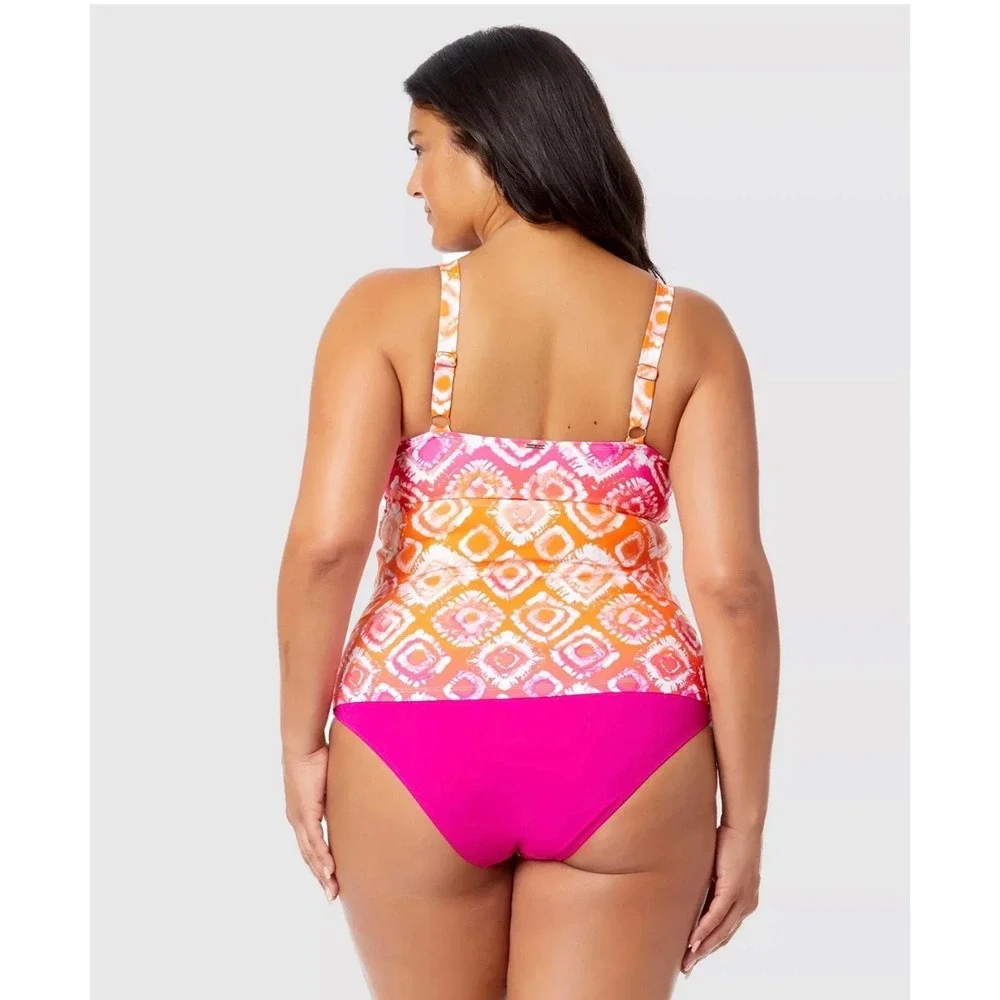 Anne Cole Womens Plus 16W Tankini Top Pink Orange Tie Dye Underwire Swim 22P